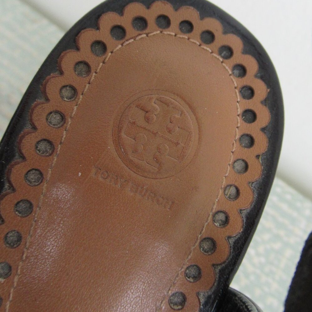 TORY BURCH, ALEXA Genuine Leather Peep Toe High Heel Sandal Black & Tan Sz. 6.5 - Picture 11 of 13